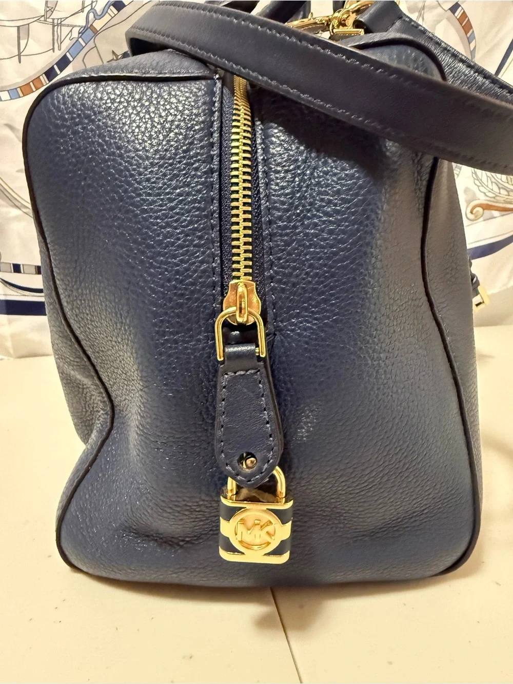 Michael Kors  Large Deep Navy Pebbled Leather Satchel with Gold Hardware NWT